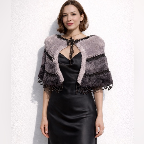 Handmade Sweaters - Faux Fur Black and Grey Hand Knitted Capelet